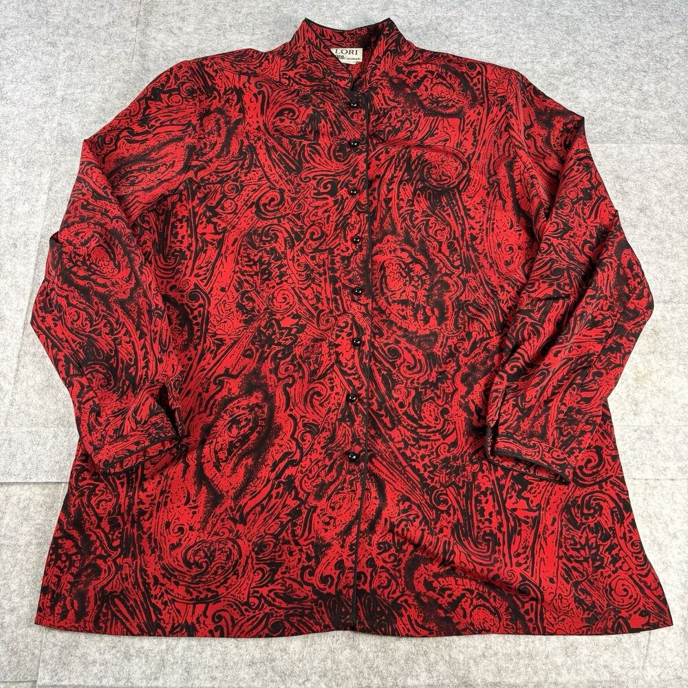 Vintage Lori by AM Casuals Womens Red Black Paisley Tunic Blouse Mandarin Collar